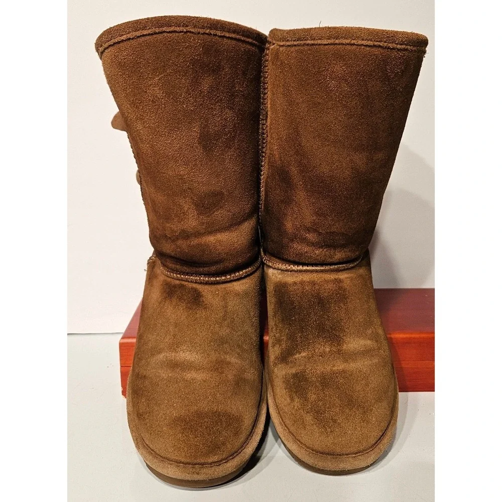 Bearpaw Rosie Womens 8 Hickory Brown Suede Knit Buckle Mid Calf Boots 02754-00 *